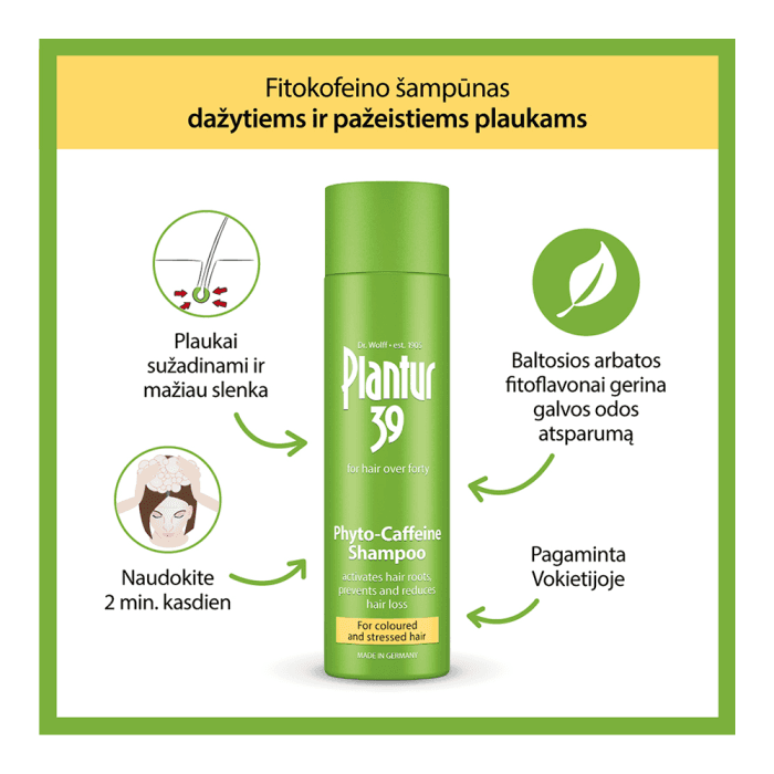PLANTUR 39 dažytų ir pažeistų plaukų šampūnas su kofeinu nuo plaukų slinkimo, 250 ml-1