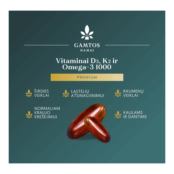 GAMTOS NAMAI vitaminai D3, K2 + omega-3 1000 PREMIUM, 60 kapsulių-1
