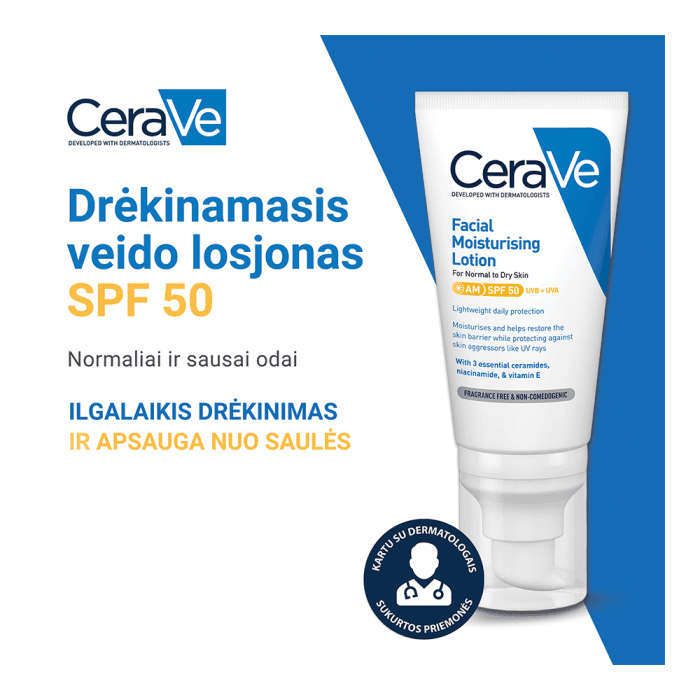 CERAVE drėkinamasis veido losjonas su SPF50 apsauga nuo saulės, 52 ml-1