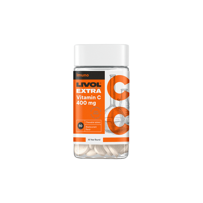 LIVOL EXTRA vitaminas C, 400 MG, juodųjų serbentų skonio, 50 kramtomųjų tablečių-1