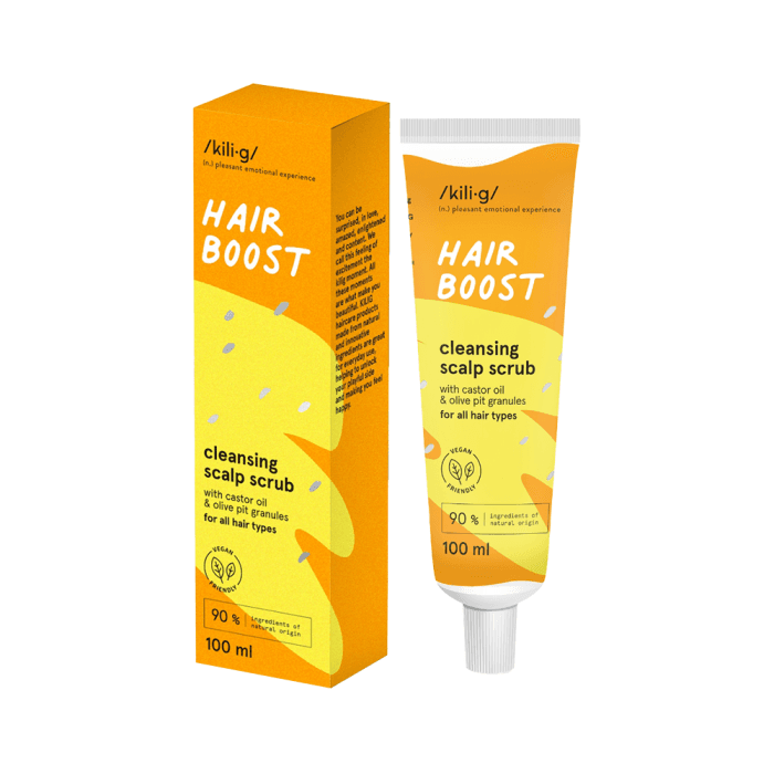 KILIG galvos odos šveitiklis su ricinos aliejumi ir alyvuogių kauliukais HAIR BOOST, 100 ml