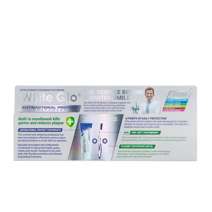 WHITE GLO balinamoji dantų pasta su burnos skalavimo skysčiu ANTIBACTERIAL PROTECT, 150 g+dantų šepetėlis „Pro-Soft“ ir 8 dantų krapštukai-1