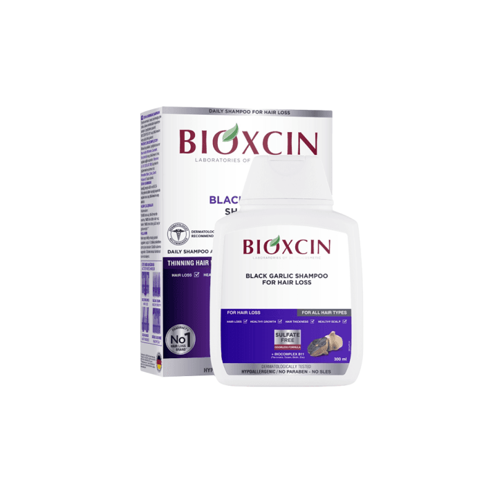 BIOXCIN šampūnas nuo plaukų slinkimo su juoduoju česnaku, 300 ml