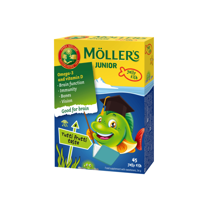 MÖLLER'S  žuvų taukai JUNIOR, vaisių skonio, nuo 3 m., 45 kramtomosios tabletės
