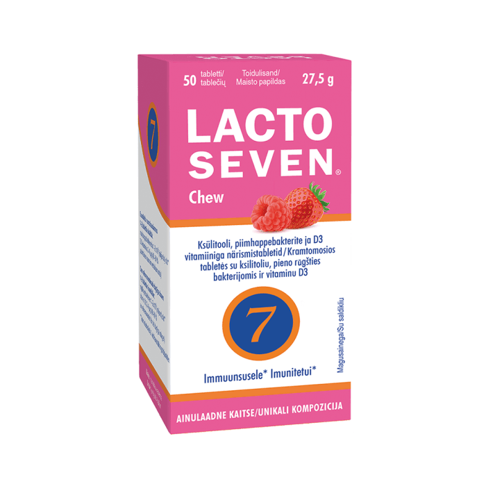 LACTO SEVEN CHEW, aviečių ir braškių skonio, nuo 3 m., 50 kramtomųjų tablečių
