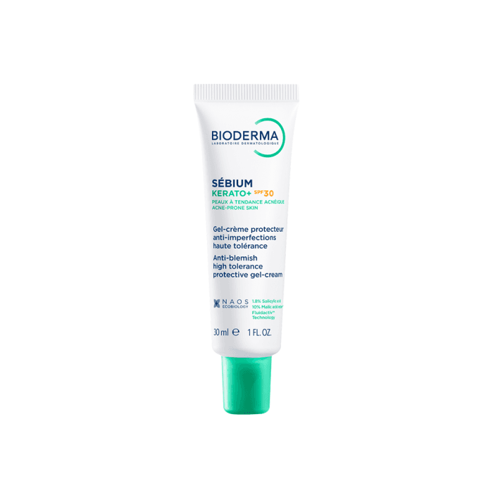 BIODERMA aukštos tolerancijos gelis-kremas nuo spuogų į aknę linkusiai odai, SÉBIUM KERATO+ SPF30, 30 ml