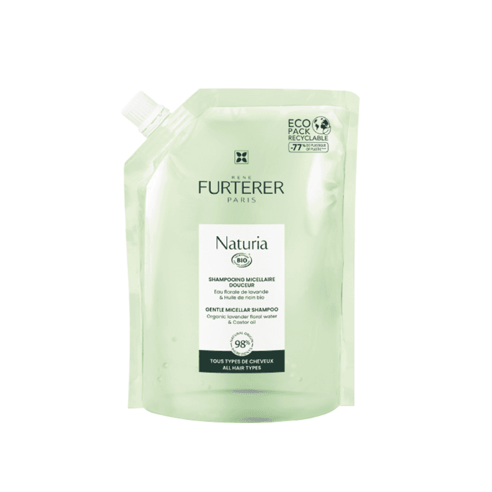 RENE FURTERER švelnus micelinis šampūnas su ekologiškų levandų vandeniu ir ricinos aliejumi kasdieniam naudojimui (papildymas) NATURIA, 400 ml