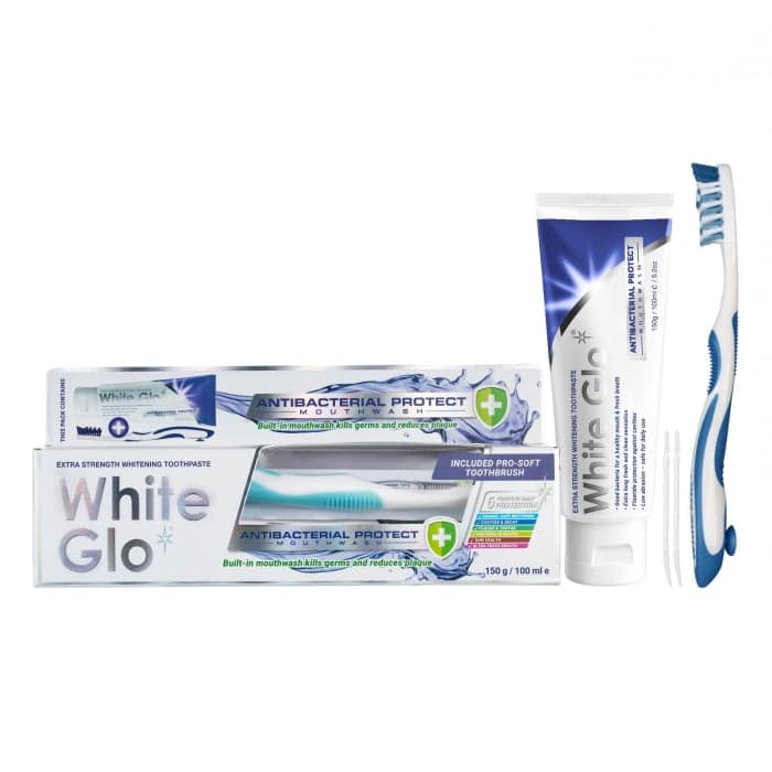 WHITE GLO balinamoji dantų pasta su burnos skalavimo skysčiu ANTIBACTERIAL PROTECT, 150 g+dantų šepetėlis „Pro-Soft“ ir 8 dantų krapštukai