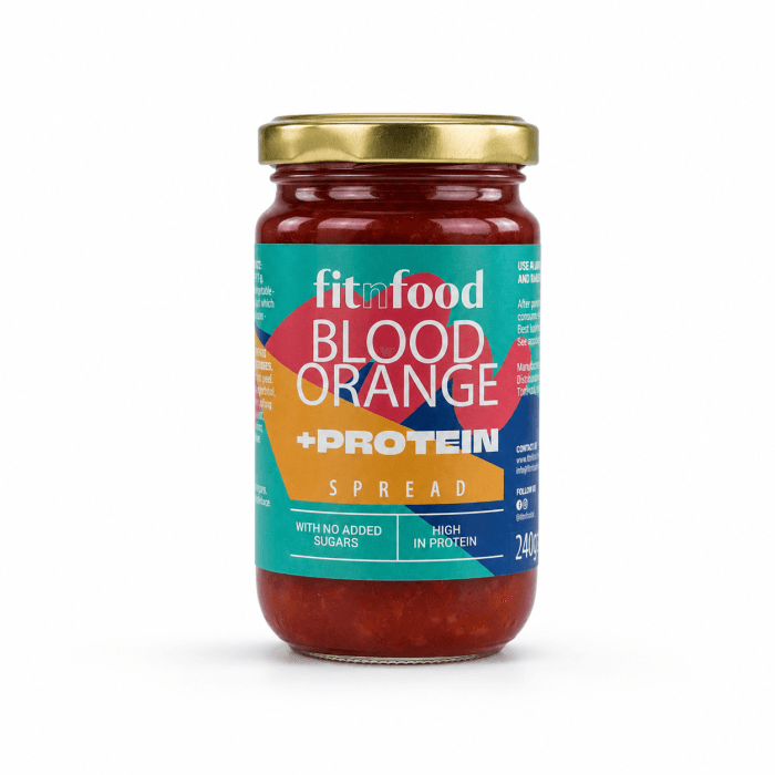 FitnFood, sicilinių raudonųjų apelsinų užtepėlė su baltymais be pridėtinio cukraus, 240 g