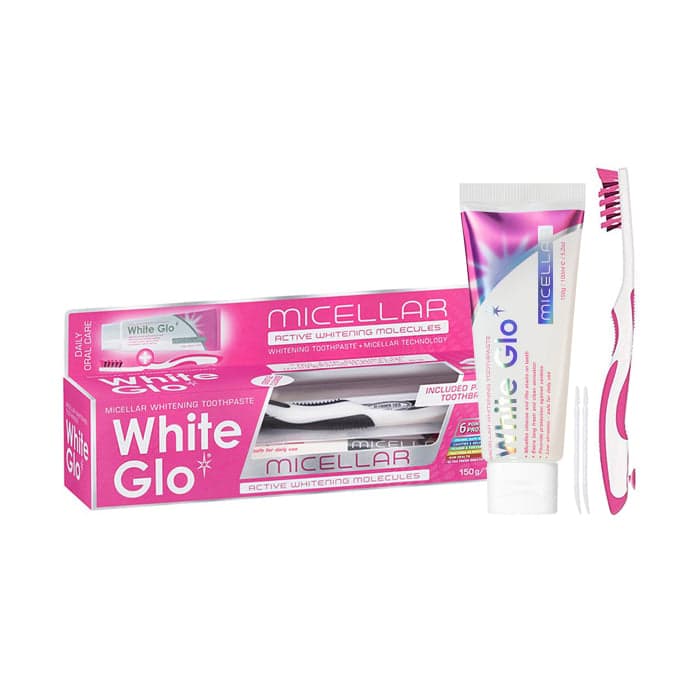 WHITE GLO balinamoji micelinė dantų pasta MICELLAR WHITENING, 150 g+Dantų šepetėlis „Pro-Soft“ ir 8 dantų krapštukai
