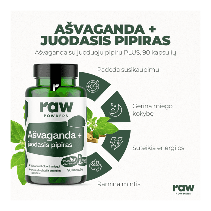 RAW POWDERS AŠVAGANDA SU JUODUOJU PIPIRU, 90 kapsulių-1