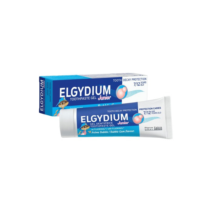 ELGYDIUM dantų pasta gelis vaikams JUNIOR Bubble ėduonies kontrolei, kramtomosios gumos skonio,, 50 ml