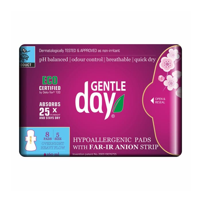 GENTLE DAY ekologiški naktiniai higieniniai paketai su anijonų juostele FAR-IR ANION, 8 vnt.
