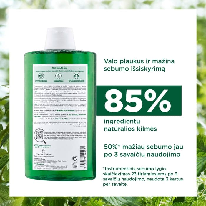 KLORANE šampūnas su dilgėlių ekstraktu riebiems plaukams, 400 ml-2