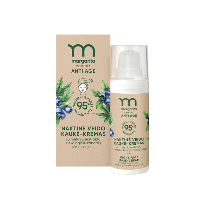 MARGARITA ANTI AGE naktinė veido kaukė - kremas su mėlynių ekstraktu ir kanapių sėklų aliejumi, 50 ml