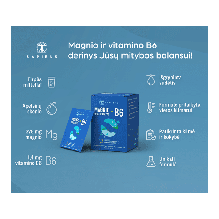 SAPIENS Magnio bisglicinatas + B6, 20 paketėlių-1
