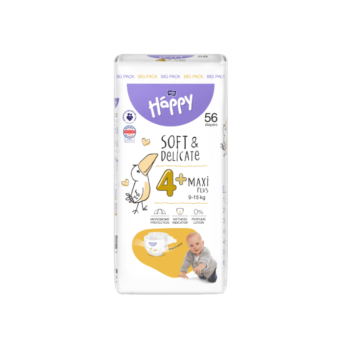 HAPPY sauskelnės MAXI PLUS, 9–15 kg, bekvapės, 56 vnt.