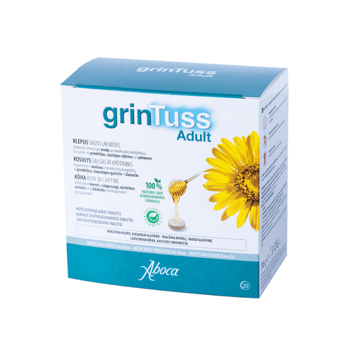 GRINTUSS ADULT, 20 burnoje tirpstančių tablečių-1