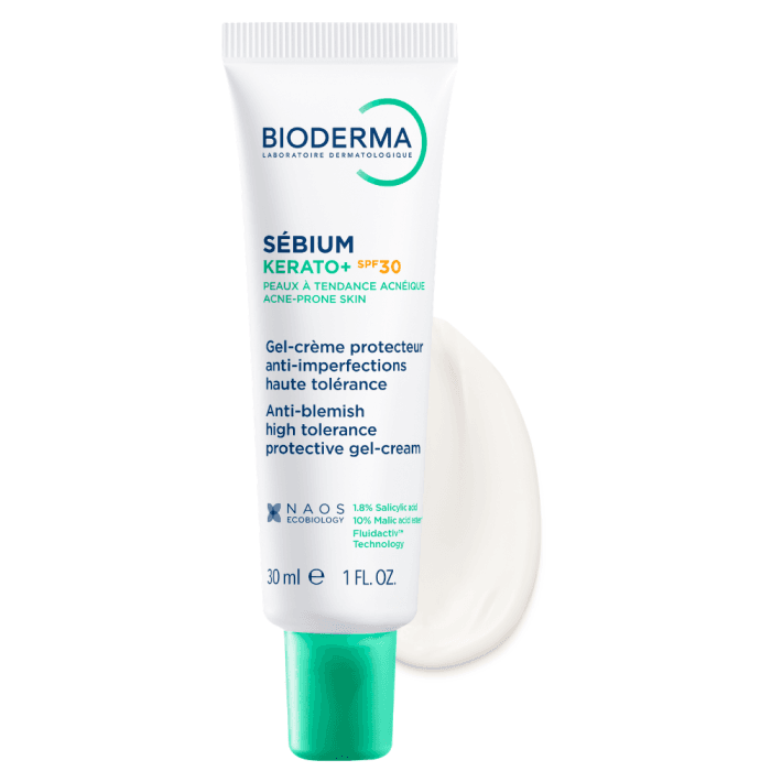 BIODERMA aukštos tolerancijos gelis-kremas nuo spuogų į aknę linkusiai odai, SÉBIUM KERATO+ SPF30, 30 ml-1