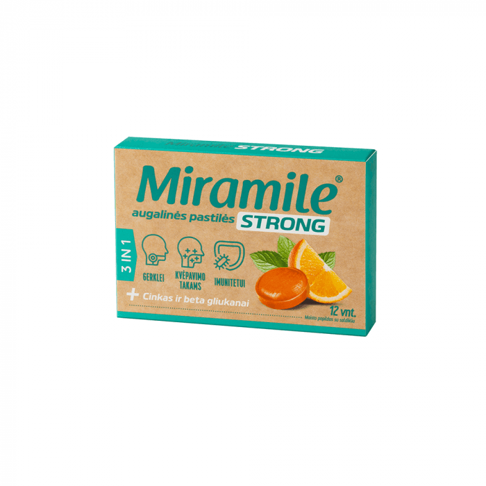 MIRAMILE® STRONG augalinės pastilės su cinku ir beta gliukanais 3IN1, 12 vnt.
