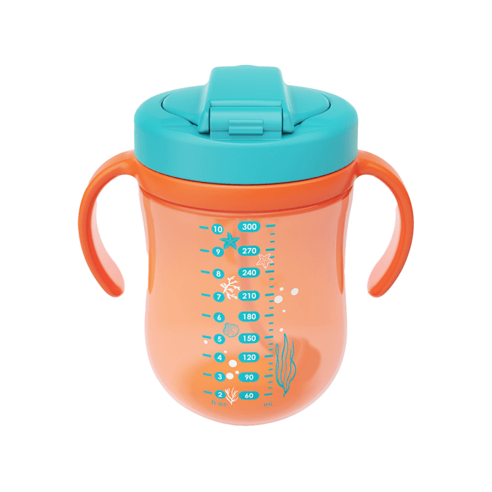 BABOO gertuvė su silikoniniu šiaudeliu ir svareliu SEALIFE,  oranžinė spalva, nuo 9 mėn., 300 ml-2