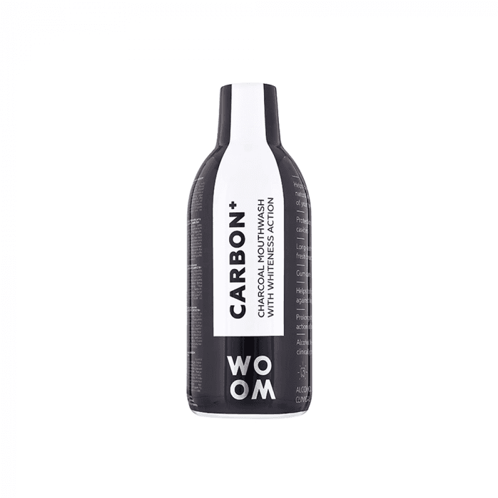 WOOM balinamasis burnos skalavimo skystis su aktyvinta anglimi CARBON+, 500 ml