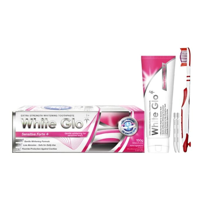 WHITE GLO dantų pasta jautriems dantims SENSITIVE FORTE+, 150 g+Dantų šepetėlis ir 8 dantų krapštukai
