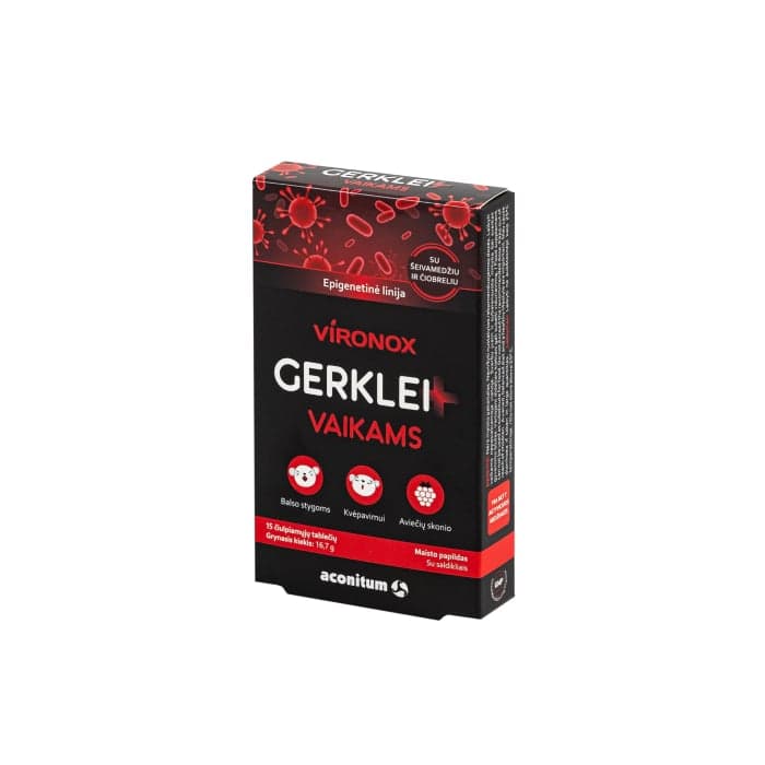 VIRONOX Gerklei+ vaikams, 15 čiulpiamųjų tablečių