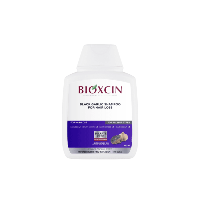 BIOXCIN šampūnas nuo plaukų slinkimo su juoduoju česnaku, 300 ml-1