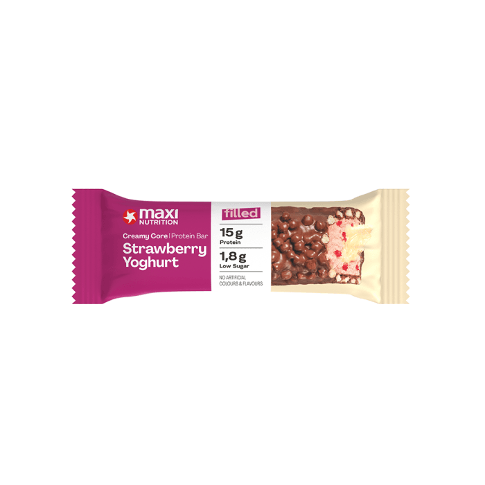 Maxi Nutrition Creamy core baltyminis batonėlis su pieniniu kremu ir liofilizuotų braškių gabalėliais, 45 g