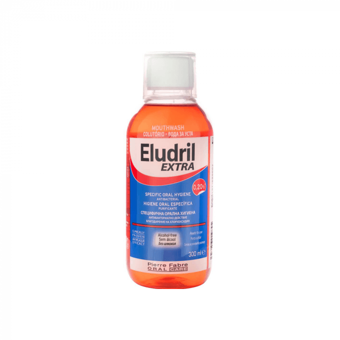 ELUDRIL burnos skalavimo skystis su 0,20% chlorheksidino EXTRA, nuo 6 m., 300 ml