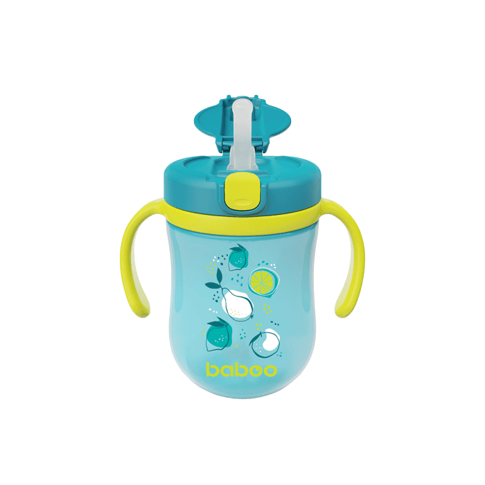 BABOO gertuvė su silikoniniu šiaudeliu ir svareliu LAGOON FIESTA, žalia spalva, nuo 9 mėn., 300 ml