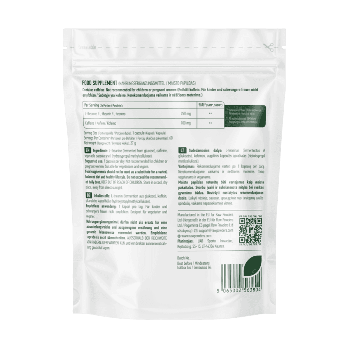 RAW POWDERS L-TEANINAS + KOFEINAS PLUS, 60 kapsulių-1