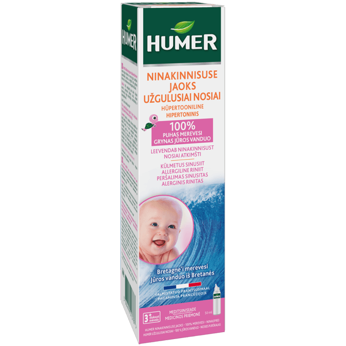 HUMER hipertoninis jūros vanduo užsikimšusiai nosiai, nuo 3 mėn., 50 ml