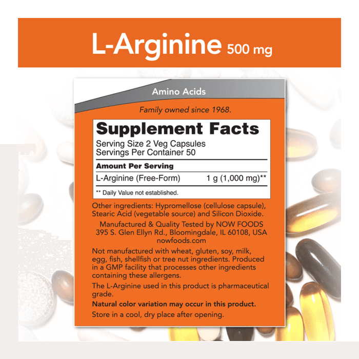 NOW ARGININE, 500 MG, 100 minkštų kapsulių-1