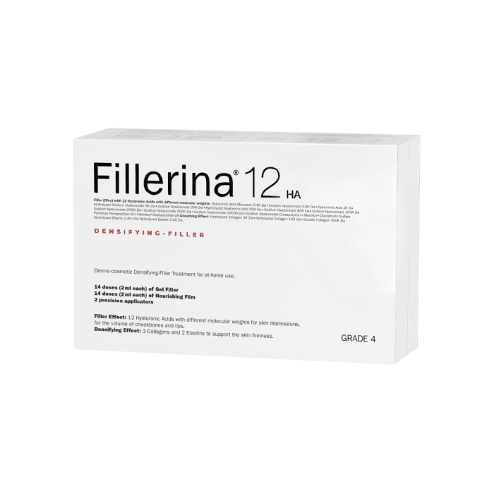 FILLERINA 12HA dermatologinis kosmetinis užpildas, 4 lygis, 2 buteliukai+du tikslūs, patentuoti aplikatoriai priemonei paskirstyti.