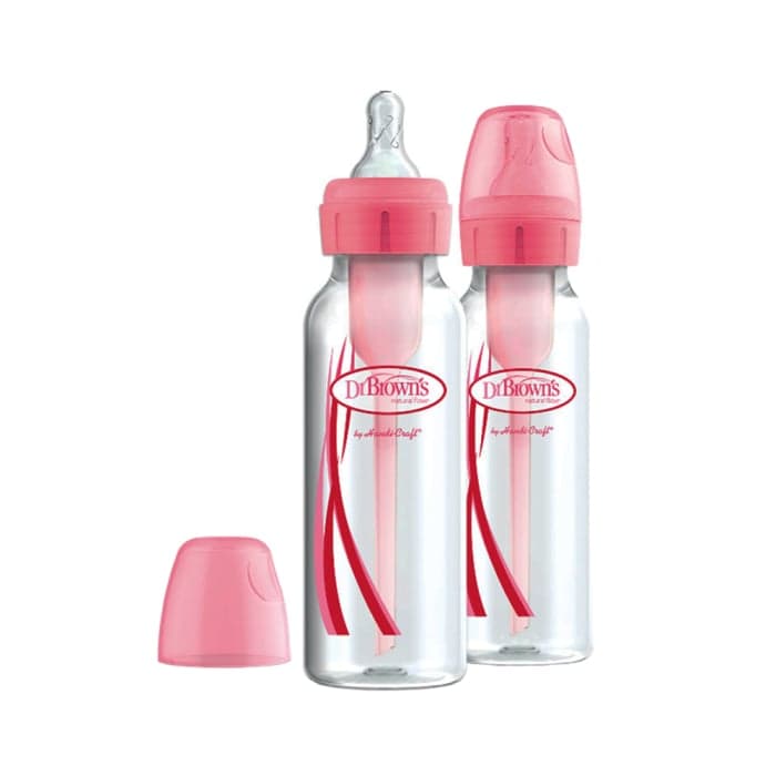 DR. BROWN'S buteliukas siauru kakleliu OPTIONS+, rožinė spalva, 2 vnt., 250 ml+žindukas, 0–3 mėn., 2 vnt., + valymo šepetėlis, 1 vnt.