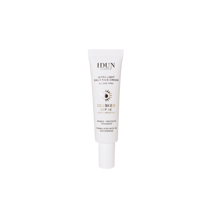 IDUN Minerals ypač lengvas dieninis veido kremas su niacinamidu, visų tipų odai, SPF 50 (makiažo bazė), 30 ml