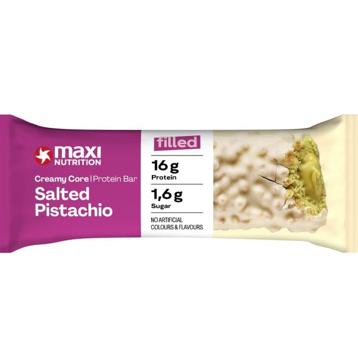 MAXI NUTRITION baltyminis batonėlis su sūdytų pistacijų kremu, padengtas baltuoju šokoladu, 45 g