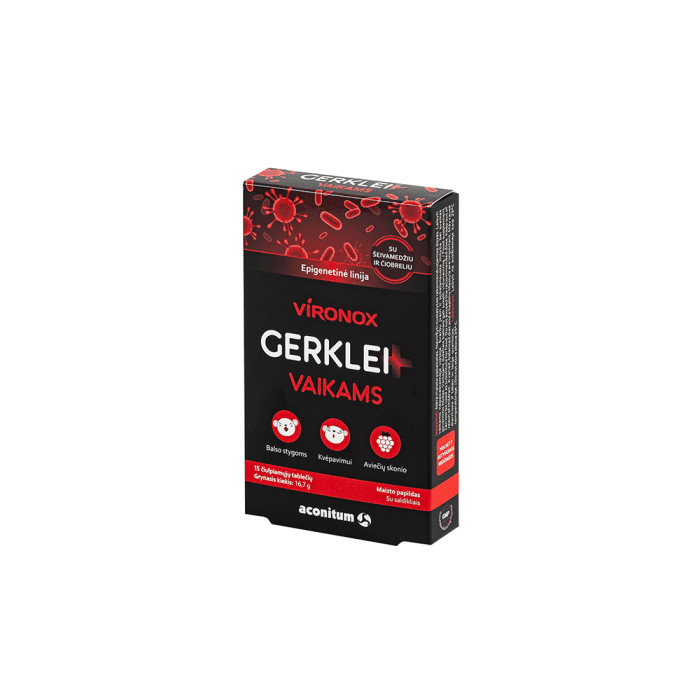 VIRONOX Gerklei+ vaikams, 15 čiulpiamųjų tablečių