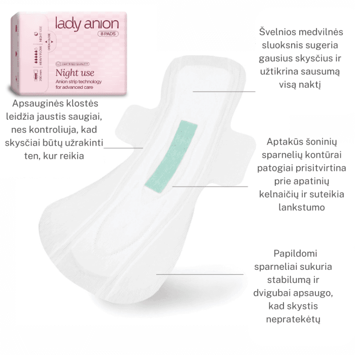 LADY ANION naktiniai paketai su anijonų juostele, LT-EKO-001, 8 vnt.-1