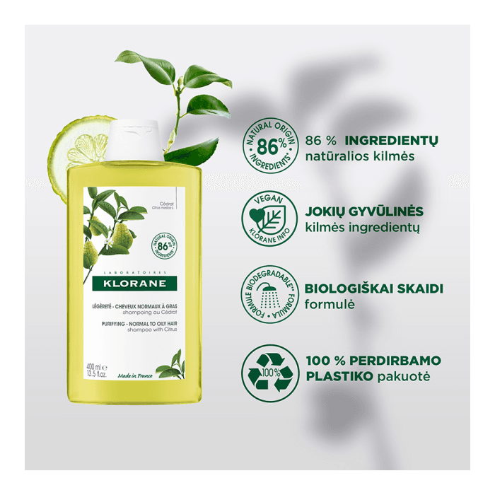 KLORANE tonizuojantis šampūnas su citrusais linkusiems riebaluotis plaukams CITRUS, 400 ml-1