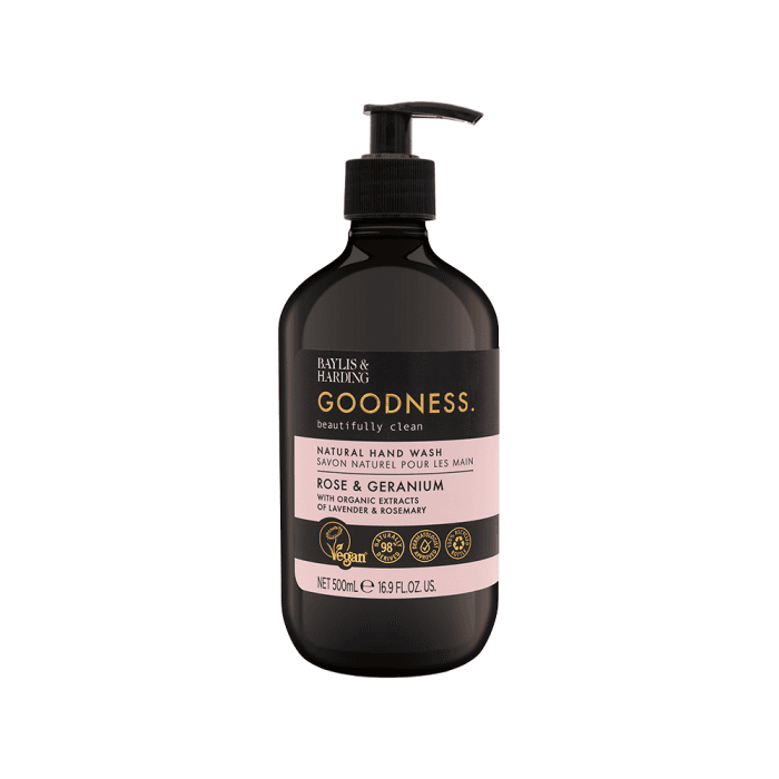 BAYLIS & HARDING natūralus skystas rankų muilas GOODNESS ROSE & GERANIUM, 500 ml