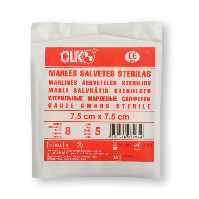 OLKO marlinės sterilios servetėlės, 7,5 cm x 5 cm, 5 vnt.-1