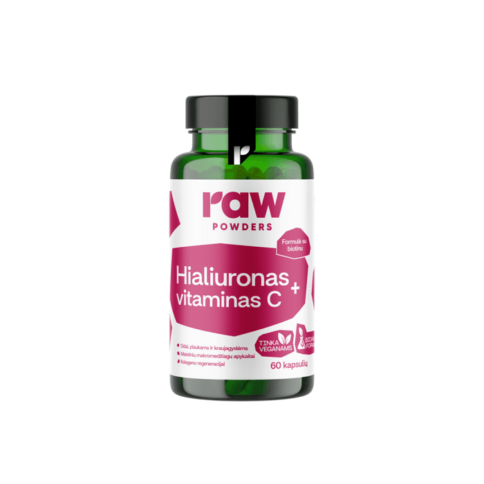 RAW POWDERS HIALURONAS + VITAMINAS C, 60 kapsulių
