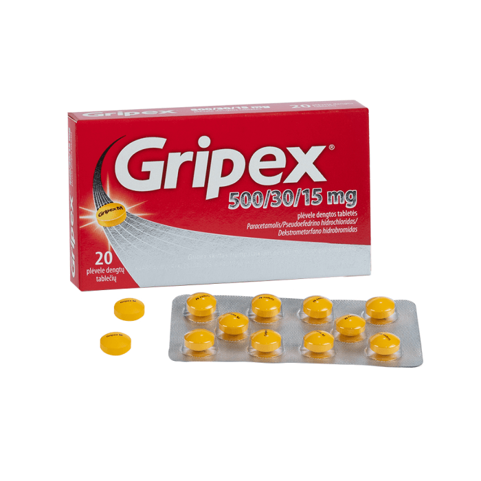 GRIPEX, 500mg/30mg/15mg, plėvele dengtos tabletės, N20-1