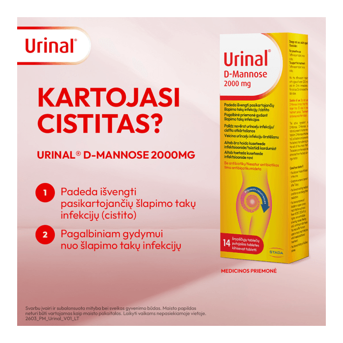 URINAL D-Mannose 2000mg, 14 šnypščiųjų tablečių-1