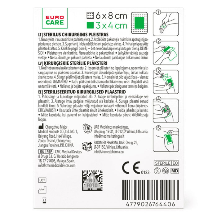 EUROCARE sterilus chirurginis pleistras, 6 x 8 cm, 1 vnt.-1
