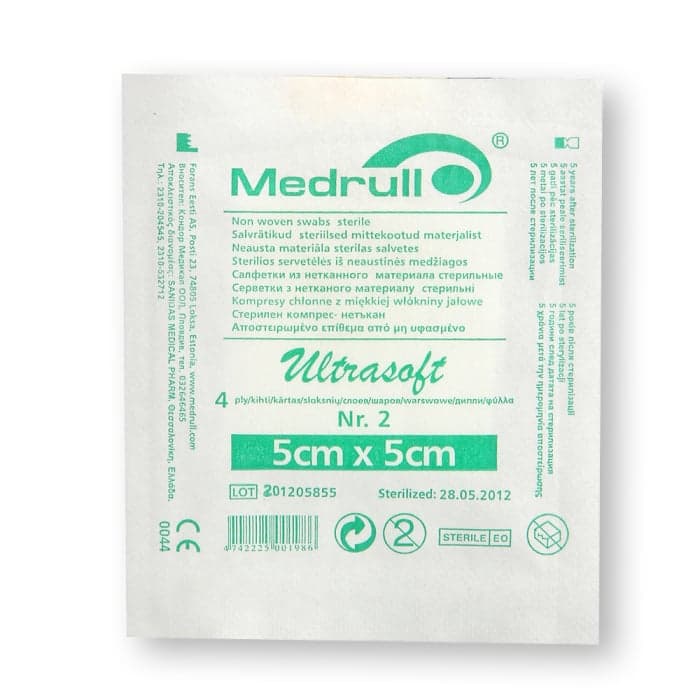 MEDRULL neaustinės sterilios servetėlės, ULTRASOFT, 4 sluoksnių, 5 cm x 5 cm, 2 vnt.-1