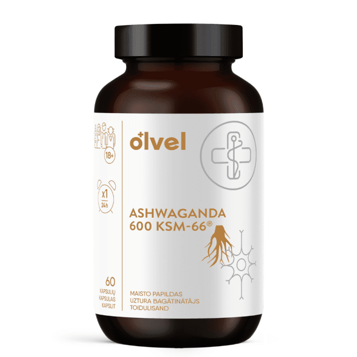 OLVEL,  ASHWAGANDA 600 KSM-66®, 60 kapsulių
